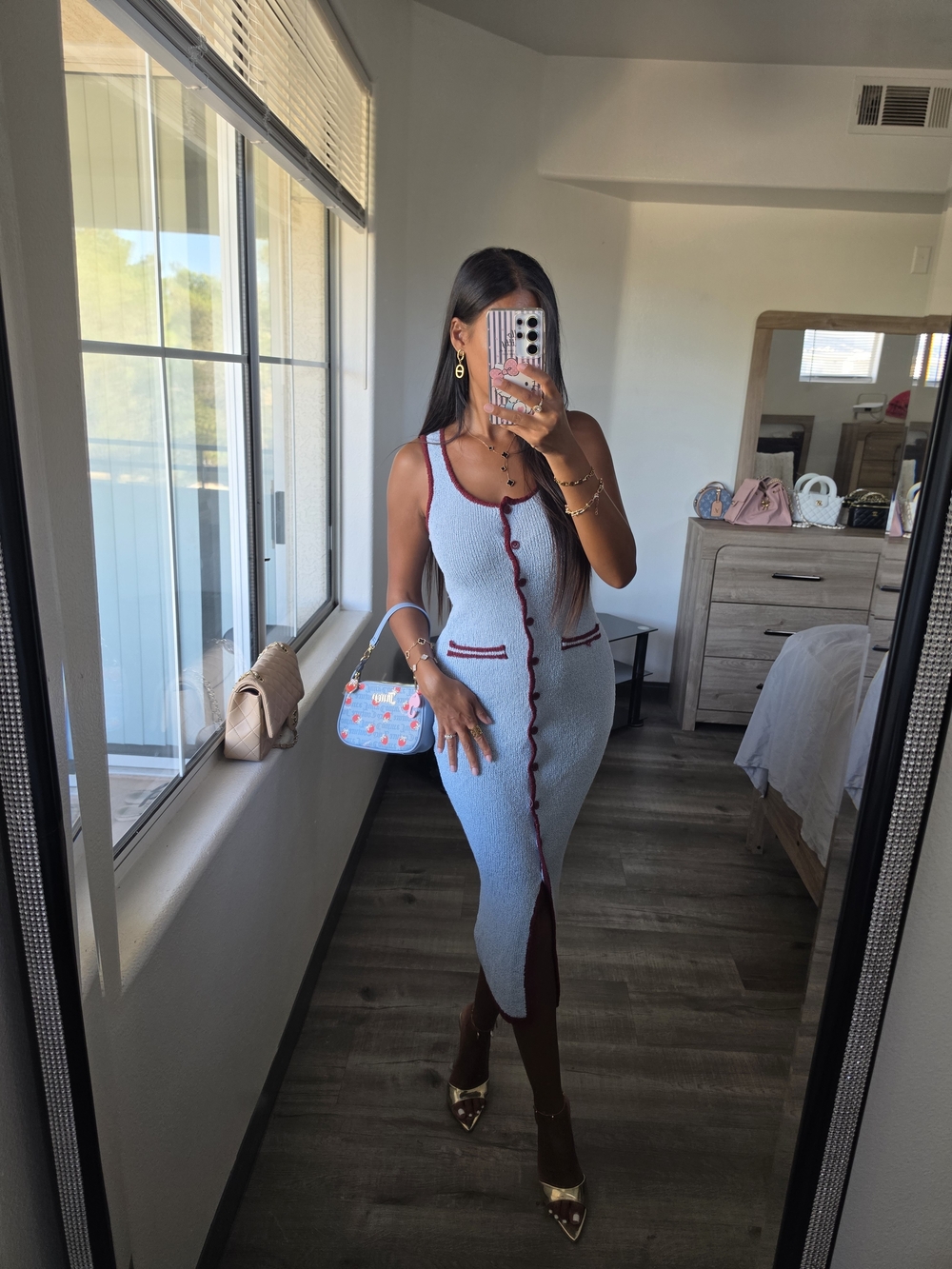 Light Blue Knit Midi Dress with Burgundy Trim Stretchy - Picture 14 of 17